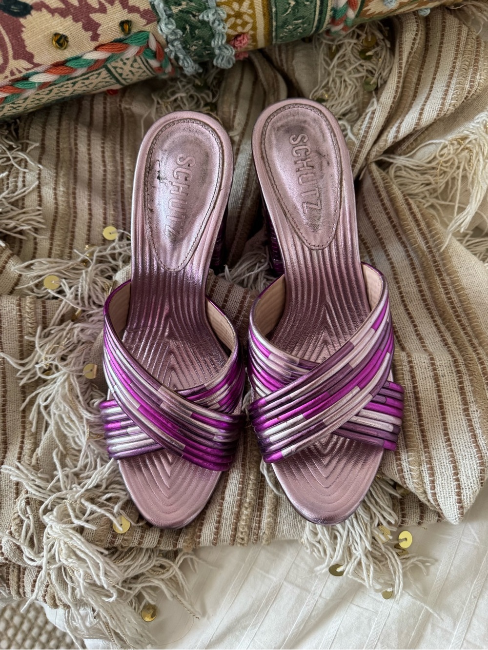 SCHUTZ Metallic Fuchsia Strappy Block Heel Sandals - Women - Picture 2 of 6